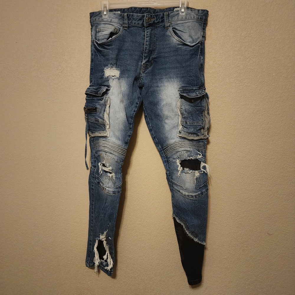 Smoke Rise Mens Sz 32x30* Distressed Destroyed Denim Jeans Patchwork Multi-Flair